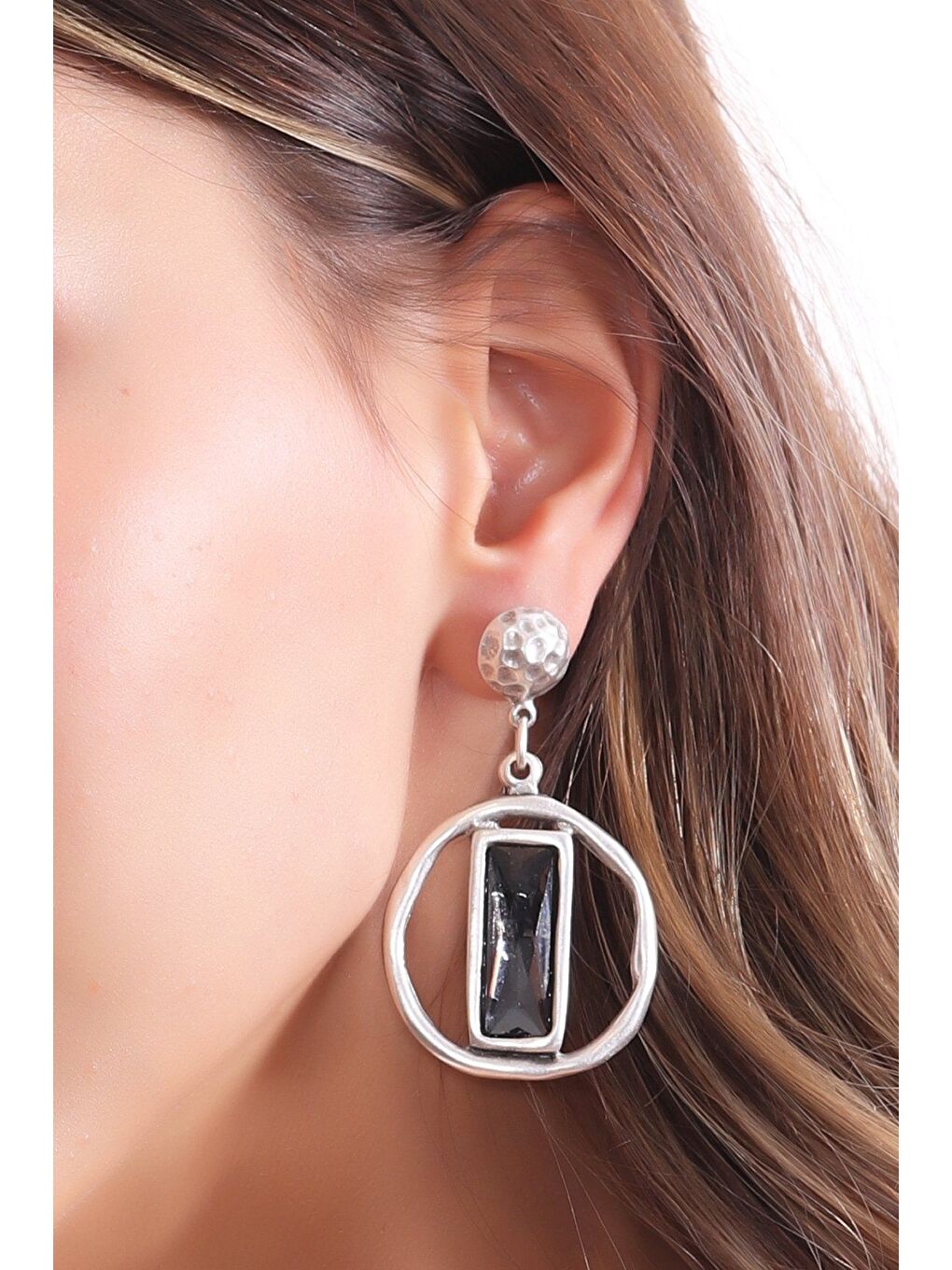 Antrasit Kadın Antik Gümüş Kaplama Taşlı Saturn Küpe-1