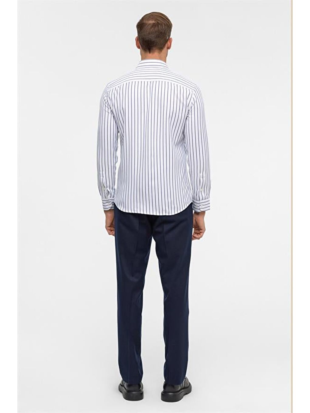 Mavi Slim Çizgili Klasik Yaka Gömlek-9