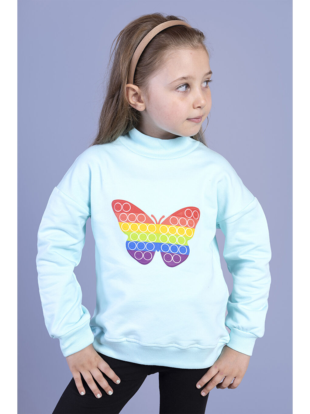 Toontoykids Turkuaz Kız Çocuk Pamuklu Balıkçı Yaka Popıt Desenli Sweatshirt