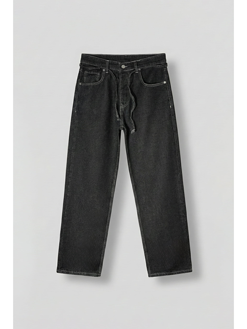 Erkek Baggy Fit Bağcıklı Bel Jean Pantolon Siyah