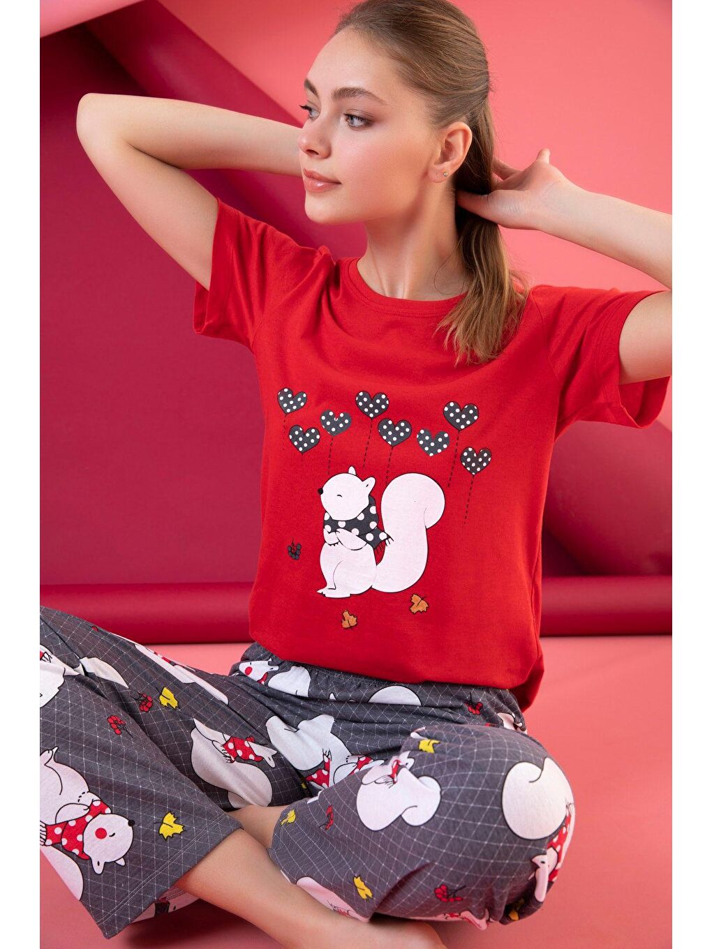 Kırmızı Pamuklu Baskılı Pijama Takım