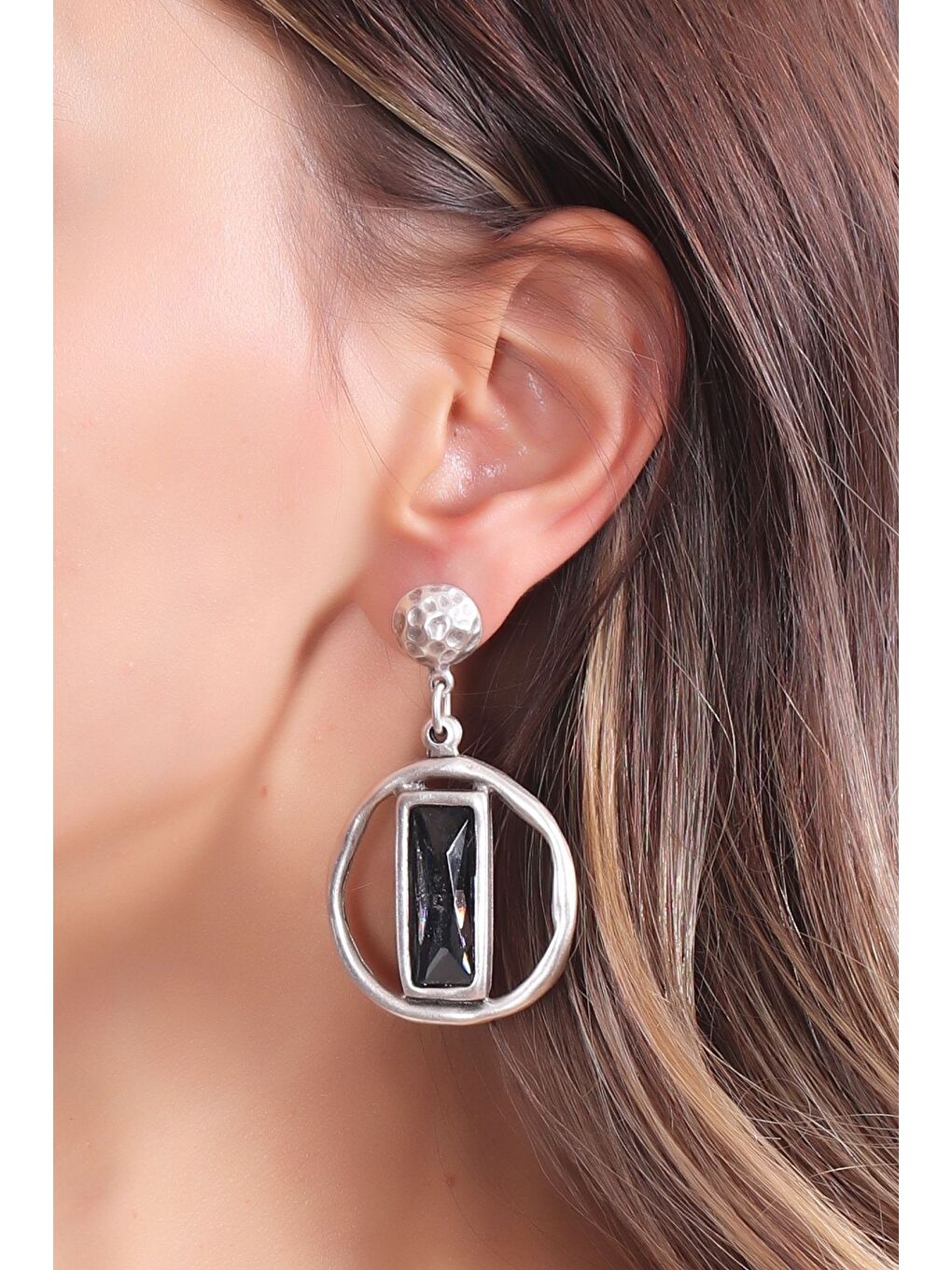 Antrasit Kadın Antik Gümüş Kaplama Taşlı Saturn Küpe-3