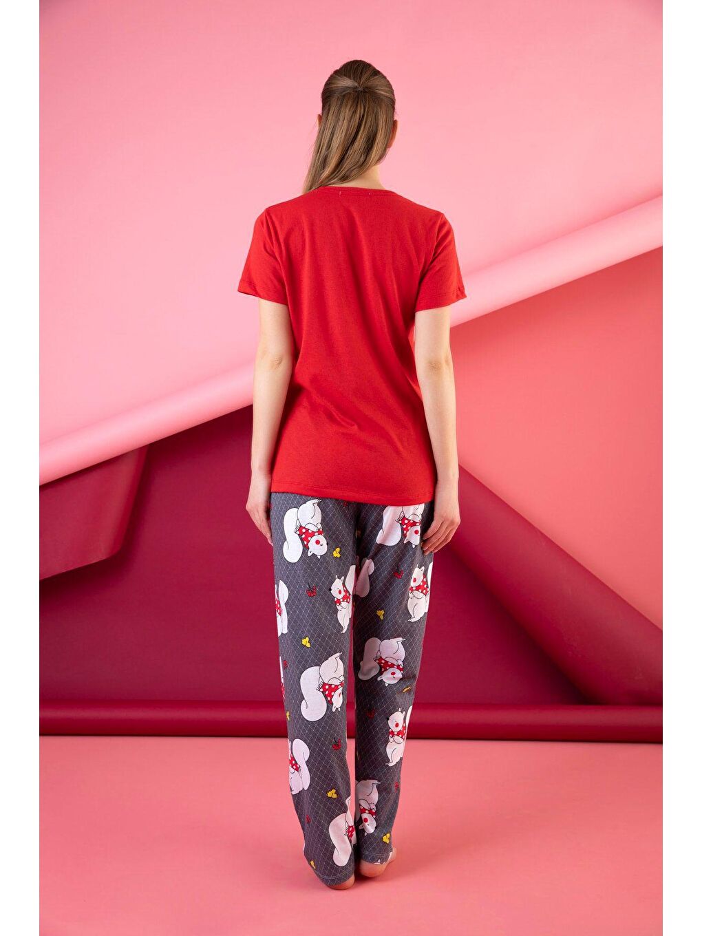 Kırmızı Pamuklu Baskılı Pijama Takım-2