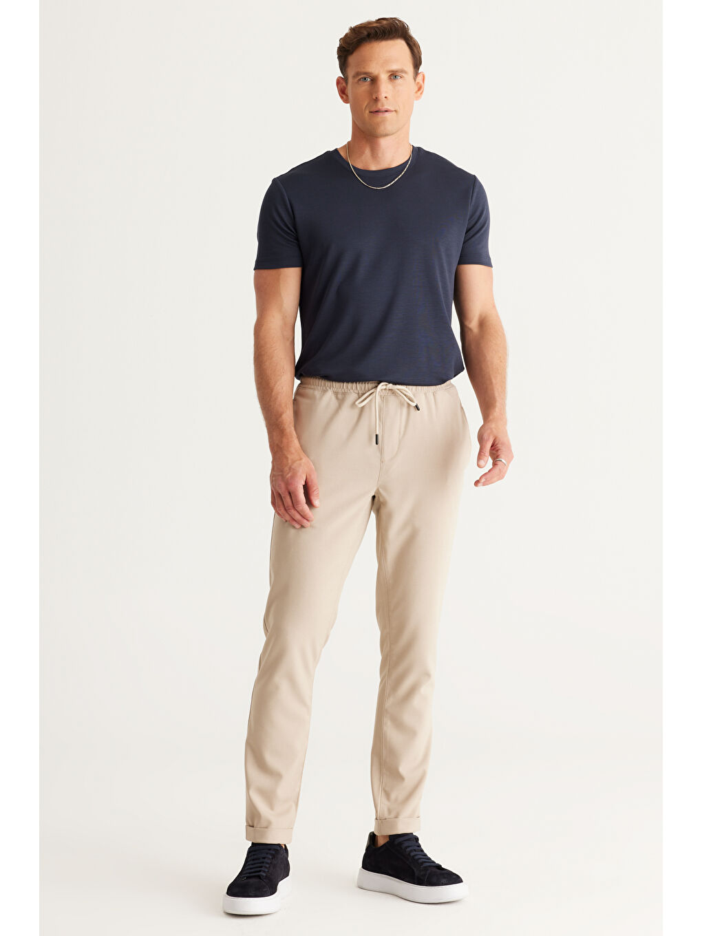 Erkek Bej Slim Fit Rahat Kesim Beli Bağlamalı Yan Cepli Jogger Pantolon-1