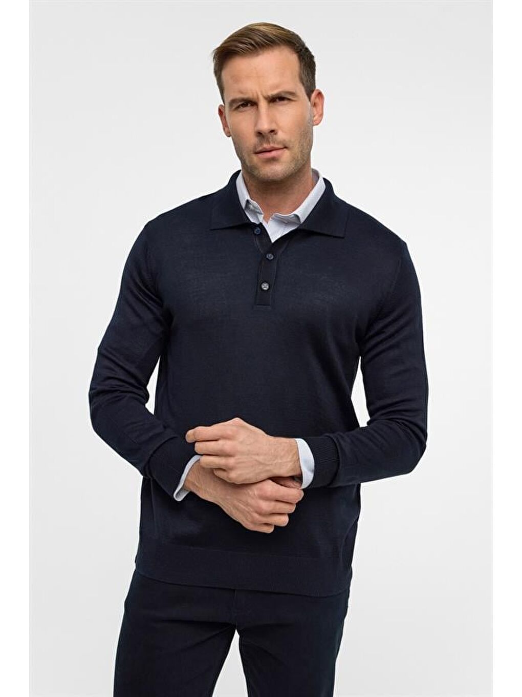 Lacivert Regular Düz Polo Yaka Triko-1