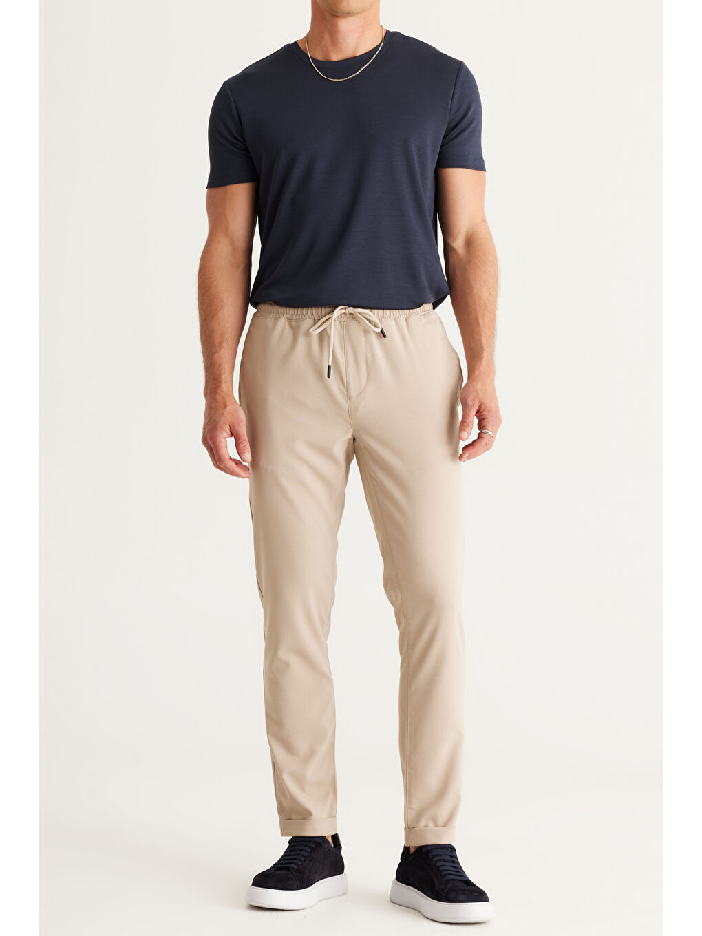 Erkek Bej Slim Fit Rahat Kesim Beli Bağlamalı Yan Cepli Jogger Pantolon-2