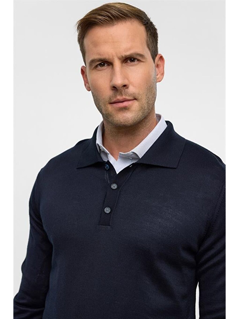 Lacivert Regular Düz Polo Yaka Triko-2