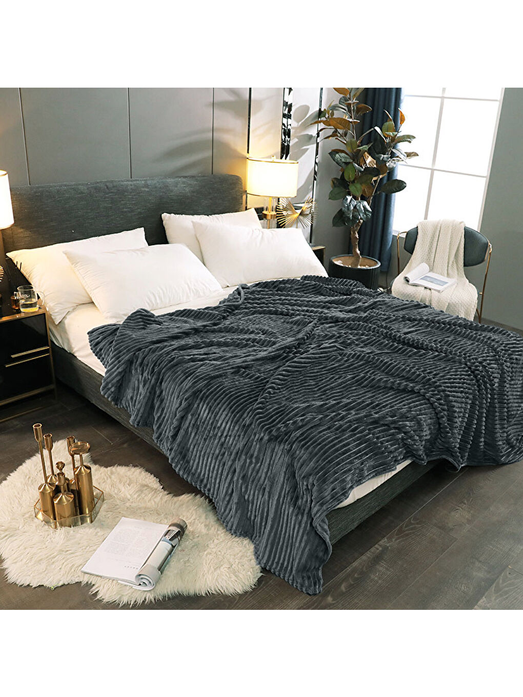 Antrasit Çift Kişilik Fitilli Yumuşak Dokulu Battaniye 210 x 230 cm