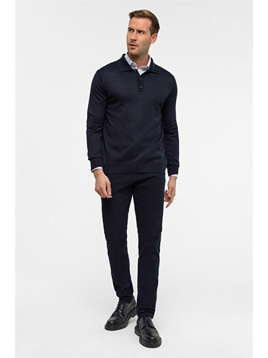 Lacivert Regular Düz Polo Yaka Triko-4