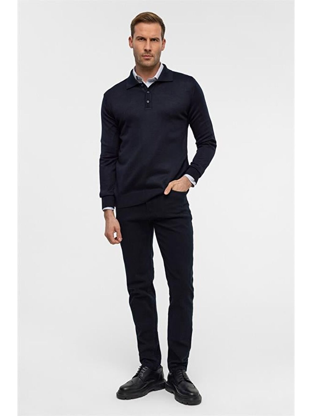 Lacivert Regular Düz Polo Yaka Triko-5