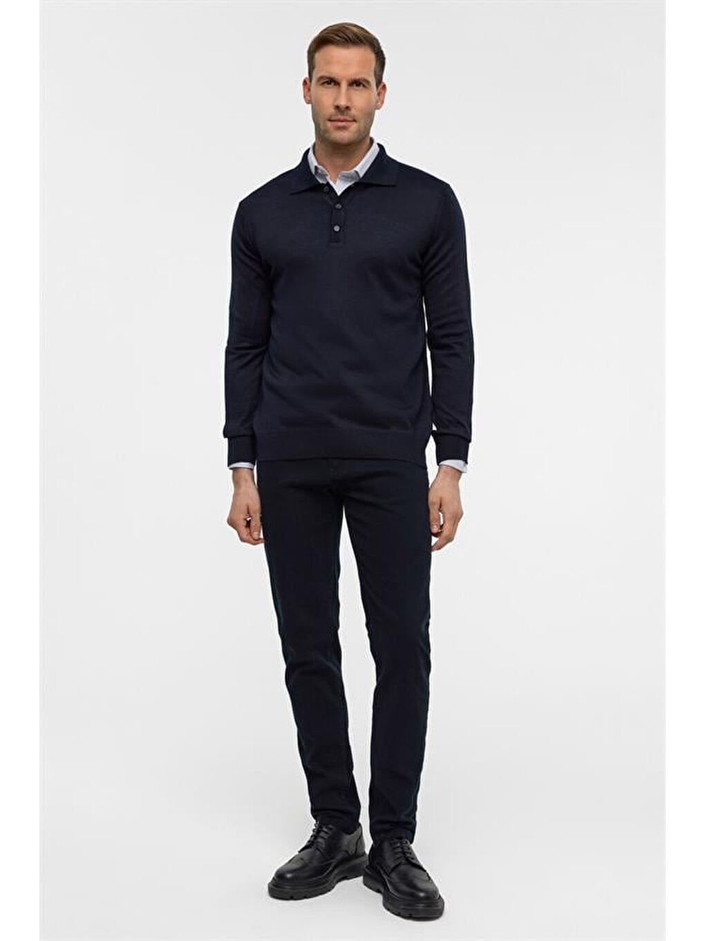 Lacivert Regular Düz Polo Yaka Triko-6