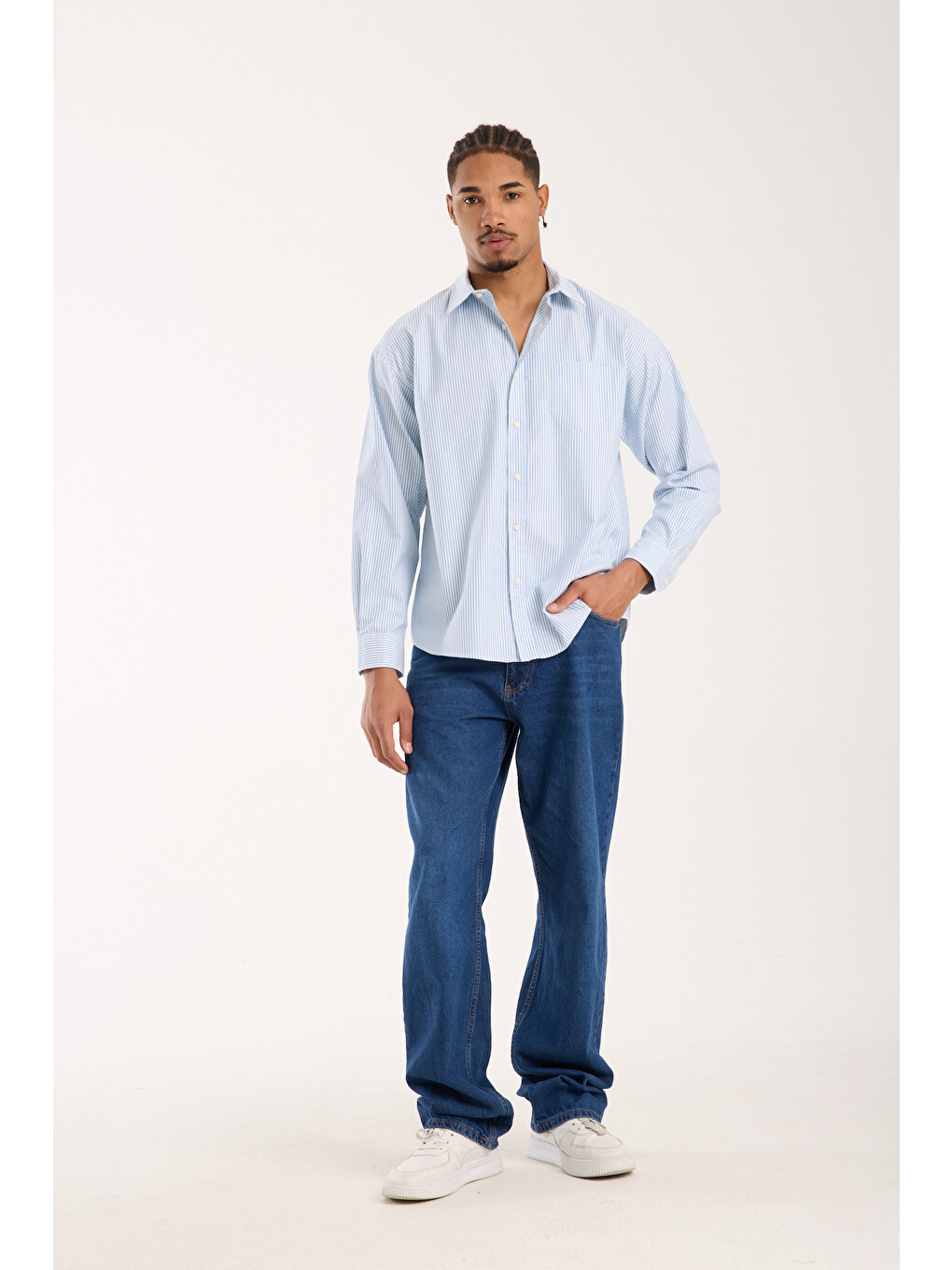 Rio Oxford Stretch Pamuk Karışımlı Oversize Fit Mavi Klasik Yaka Erkek Çizgili Gömlek-2