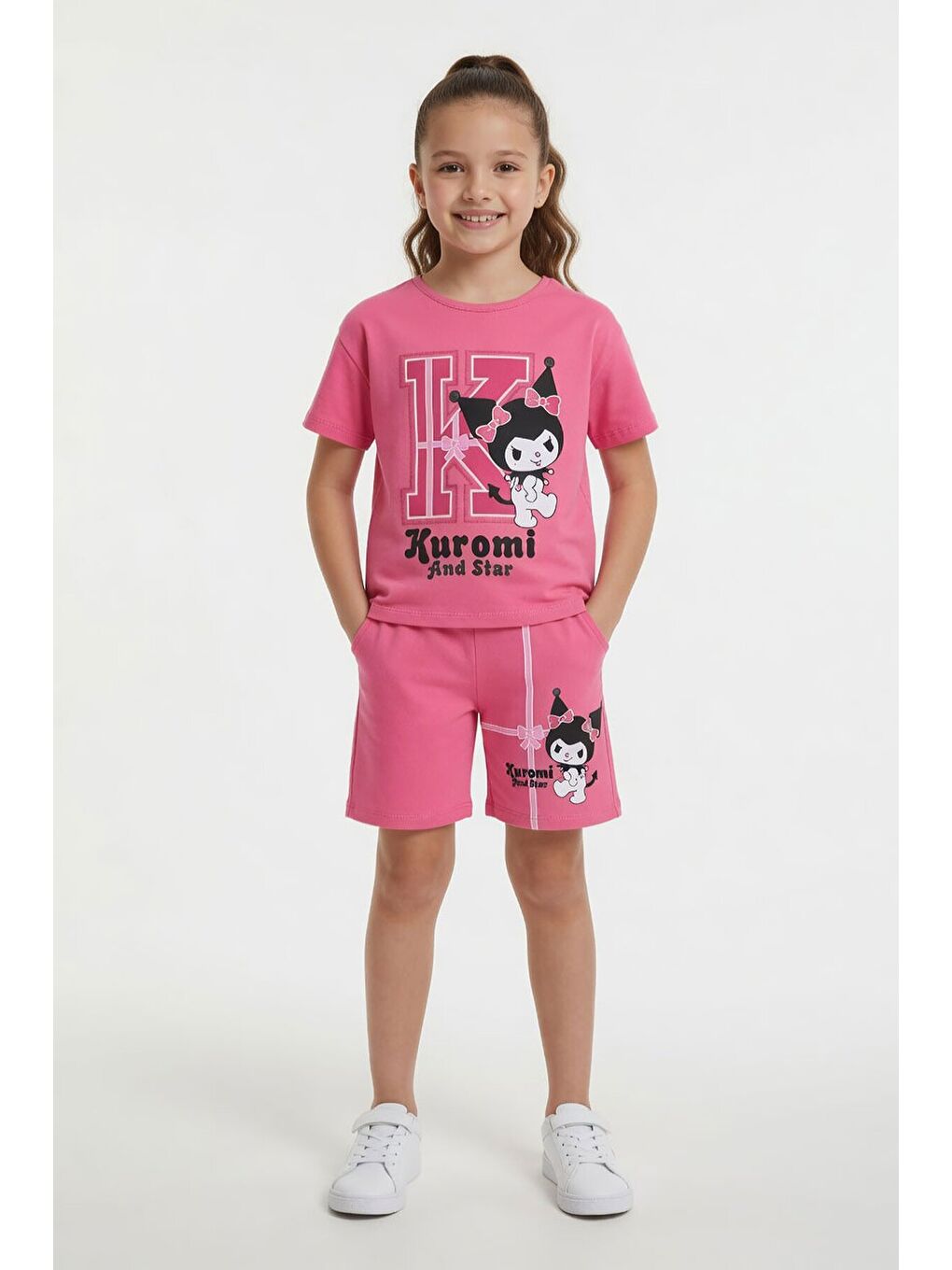 Pembe Sevimli Tavşan Baskı Bisiklet Yaka Kız Çocuk Şortlu Takım 23945