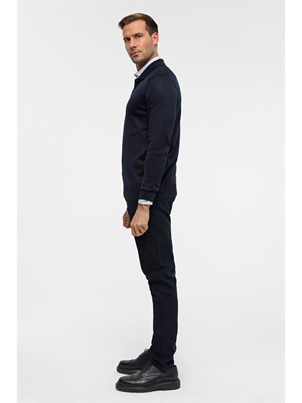 Lacivert Regular Düz Polo Yaka Triko-7