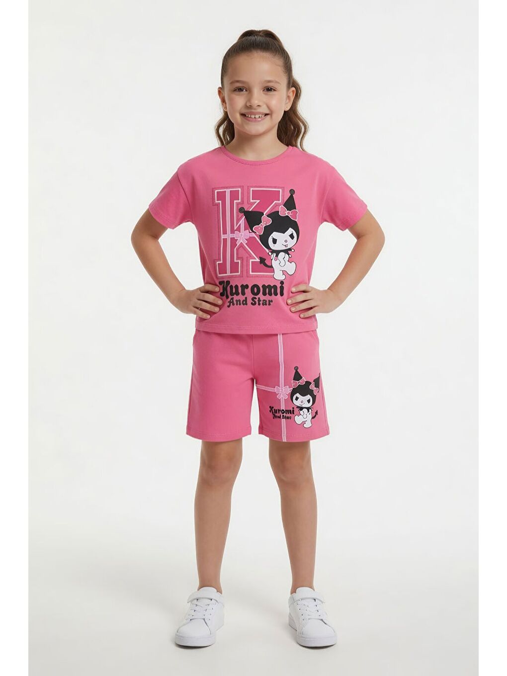 Pembe Sevimli Tavşan Baskı Bisiklet Yaka Kız Çocuk Şortlu Takım 23945-1