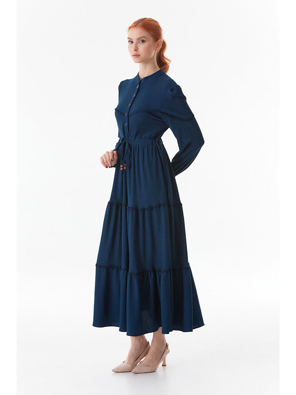 Lacivert Beli Bağlamalı Dik Yaka Elbise