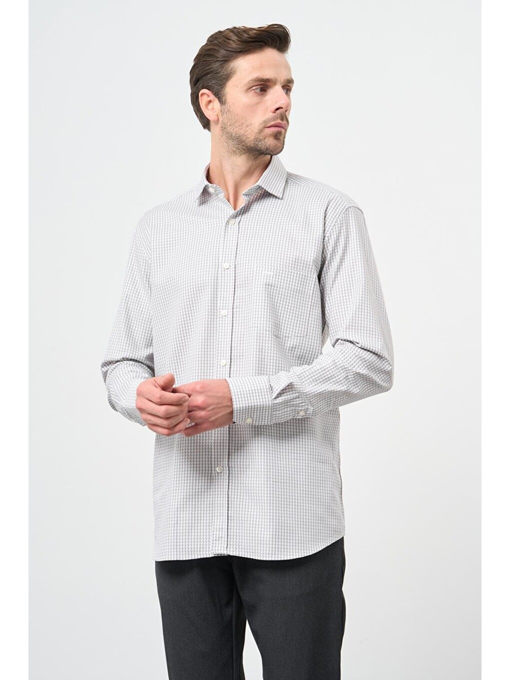 Gri Uzun Kol Kazayağı Desen Yarım İtalyan Cepli Classic Comfort Fit Gömlek 1004245189