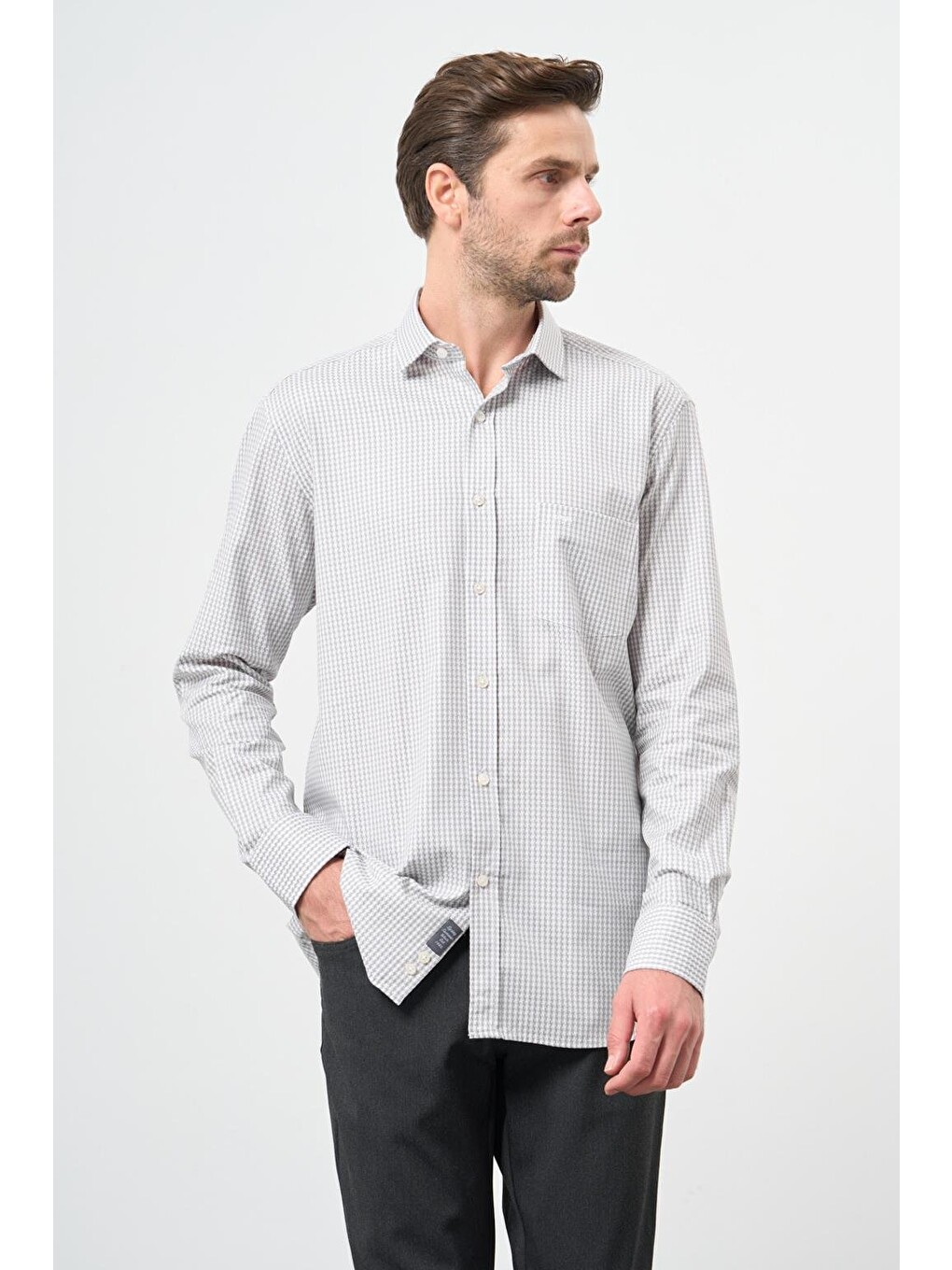 Gri Uzun Kol Kazayağı Desen Yarım İtalyan Cepli Classic Comfort Fit Gömlek 1004245189-2