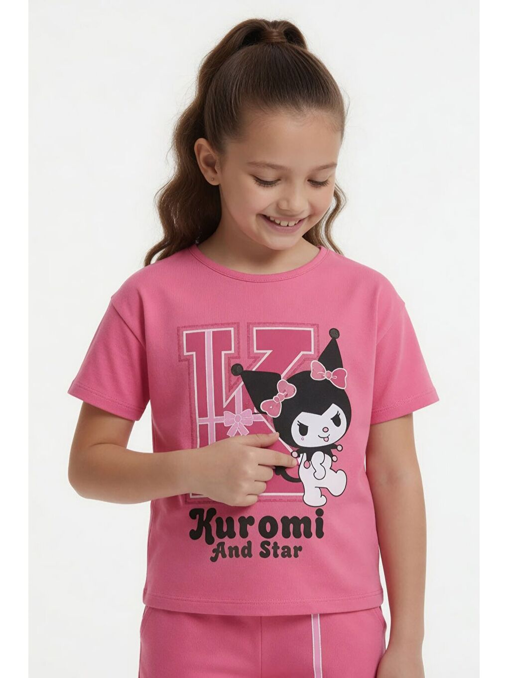 Pembe Sevimli Tavşan Baskı Bisiklet Yaka Kız Çocuk Şortlu Takım 23945-2