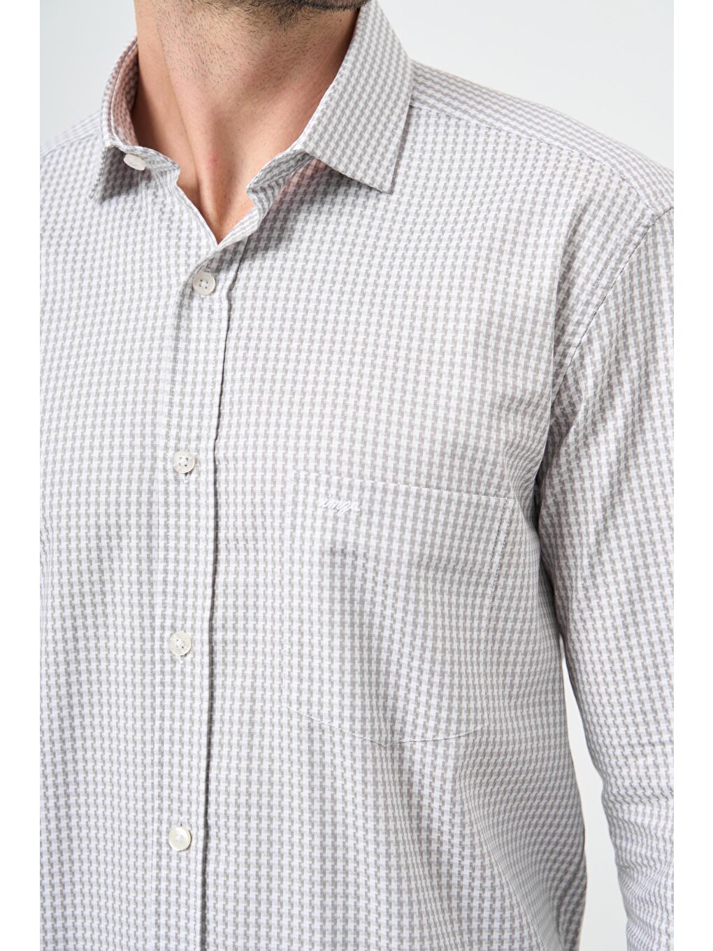 Gri Uzun Kol Kazayağı Desen Yarım İtalyan Cepli Classic Comfort Fit Gömlek 1004245189-4