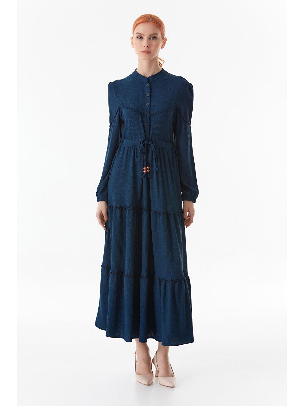 Lacivert Beli Bağlamalı Dik Yaka Elbise-1