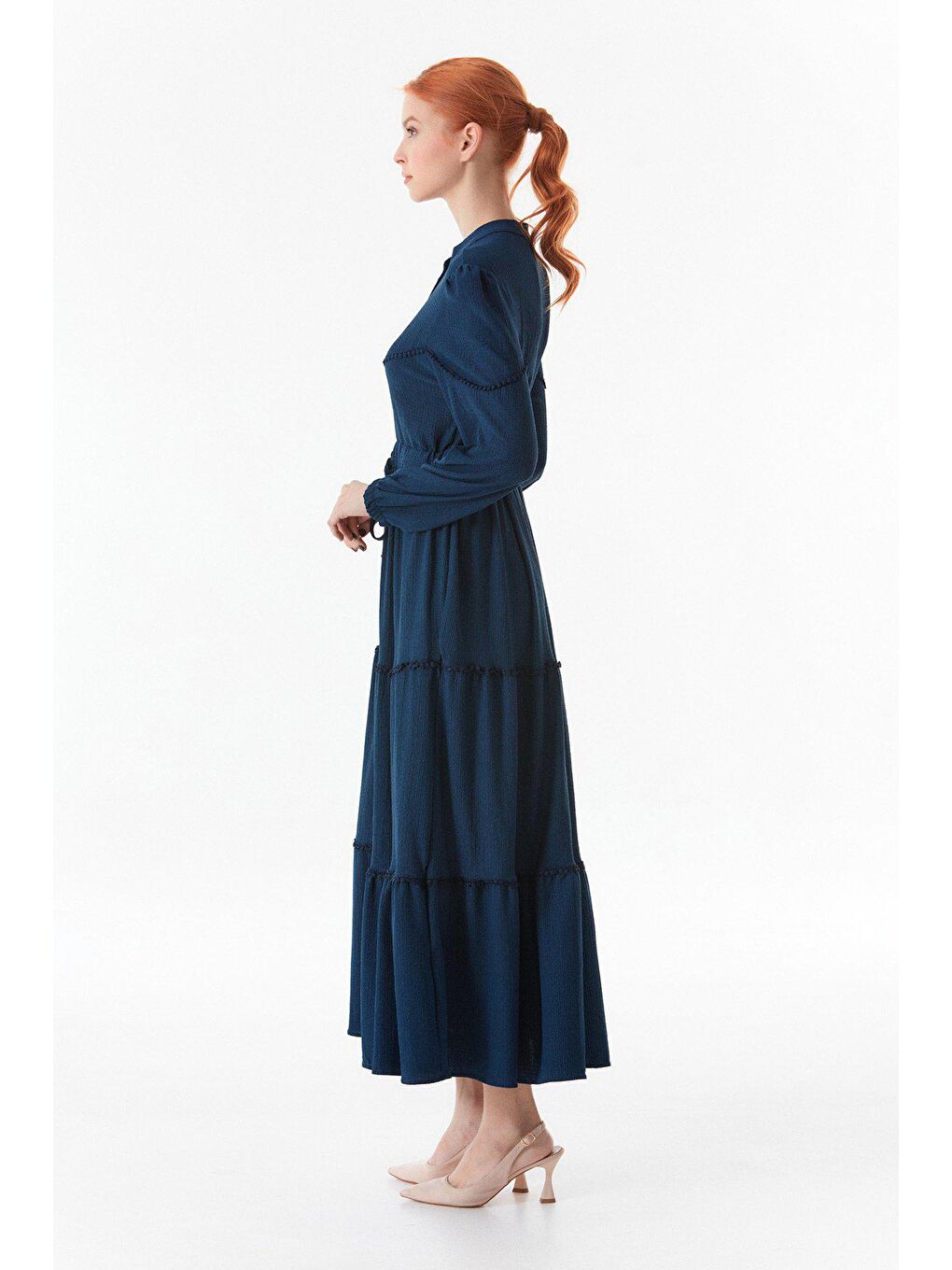 Lacivert Beli Bağlamalı Dik Yaka Elbise-2