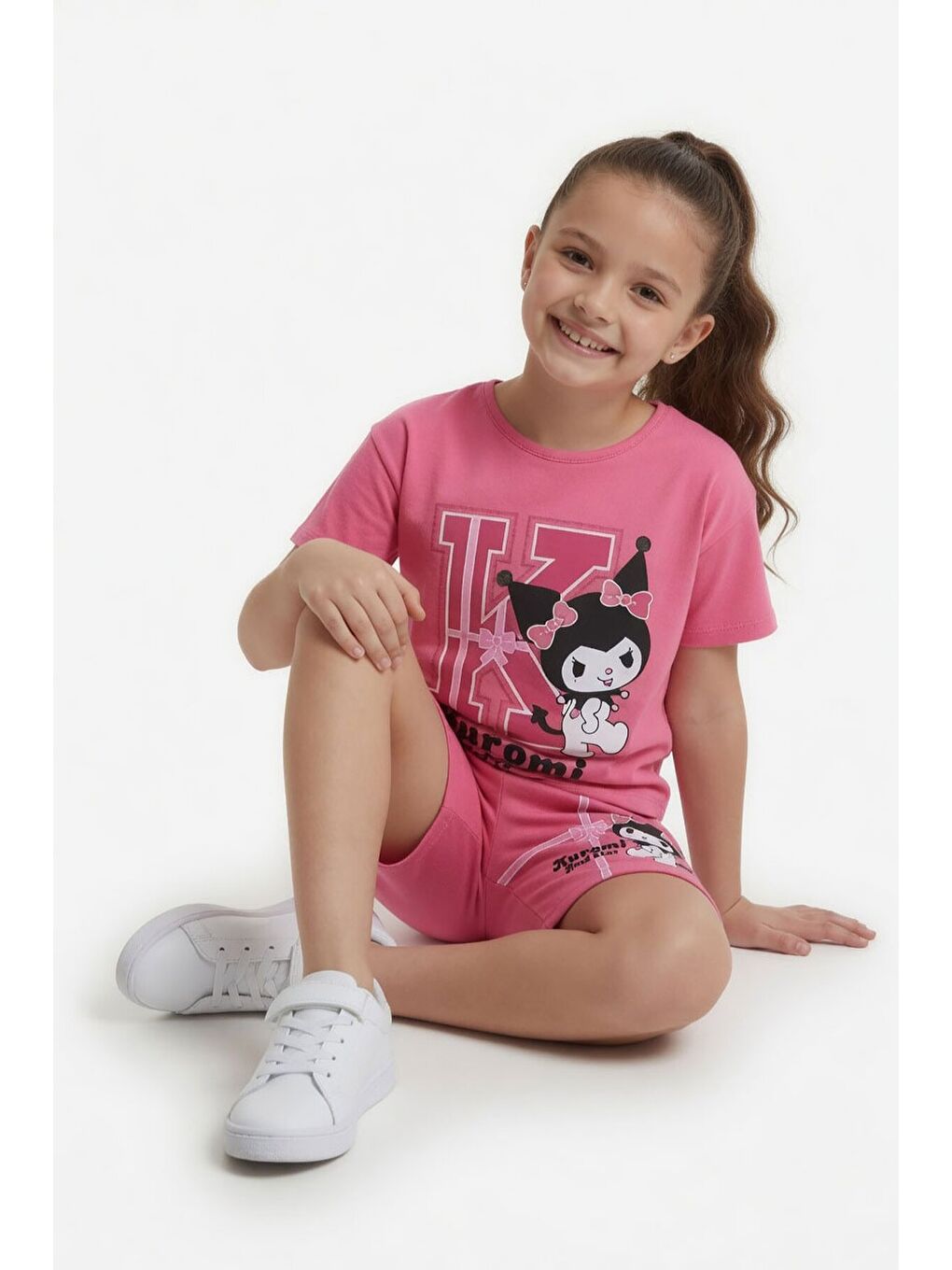 Pembe Sevimli Tavşan Baskı Bisiklet Yaka Kız Çocuk Şortlu Takım 23945-3