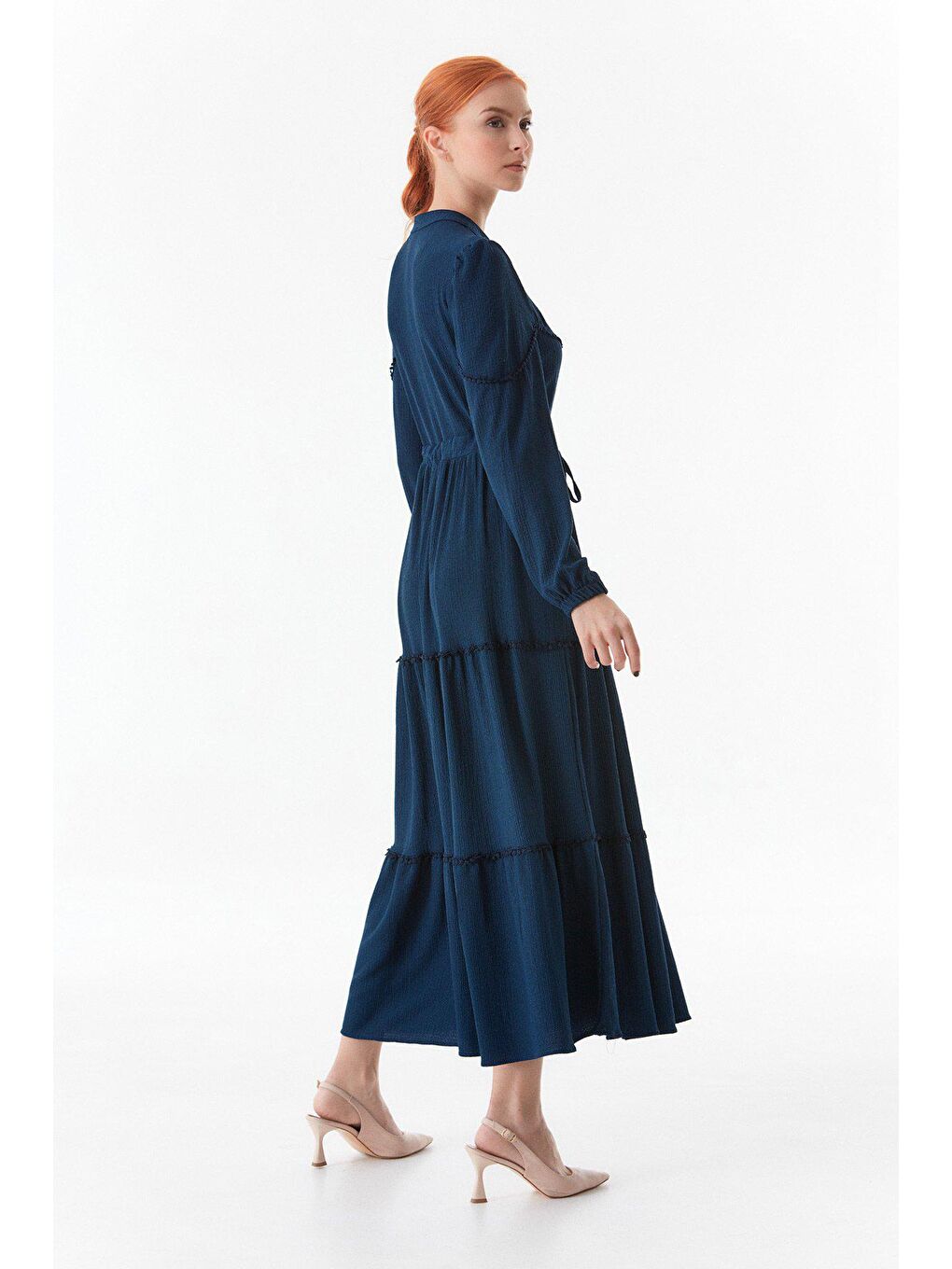 Lacivert Beli Bağlamalı Dik Yaka Elbise-3