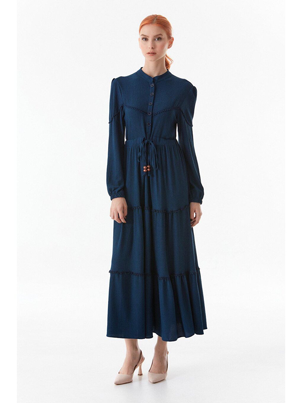 Lacivert Beli Bağlamalı Dik Yaka Elbise-4