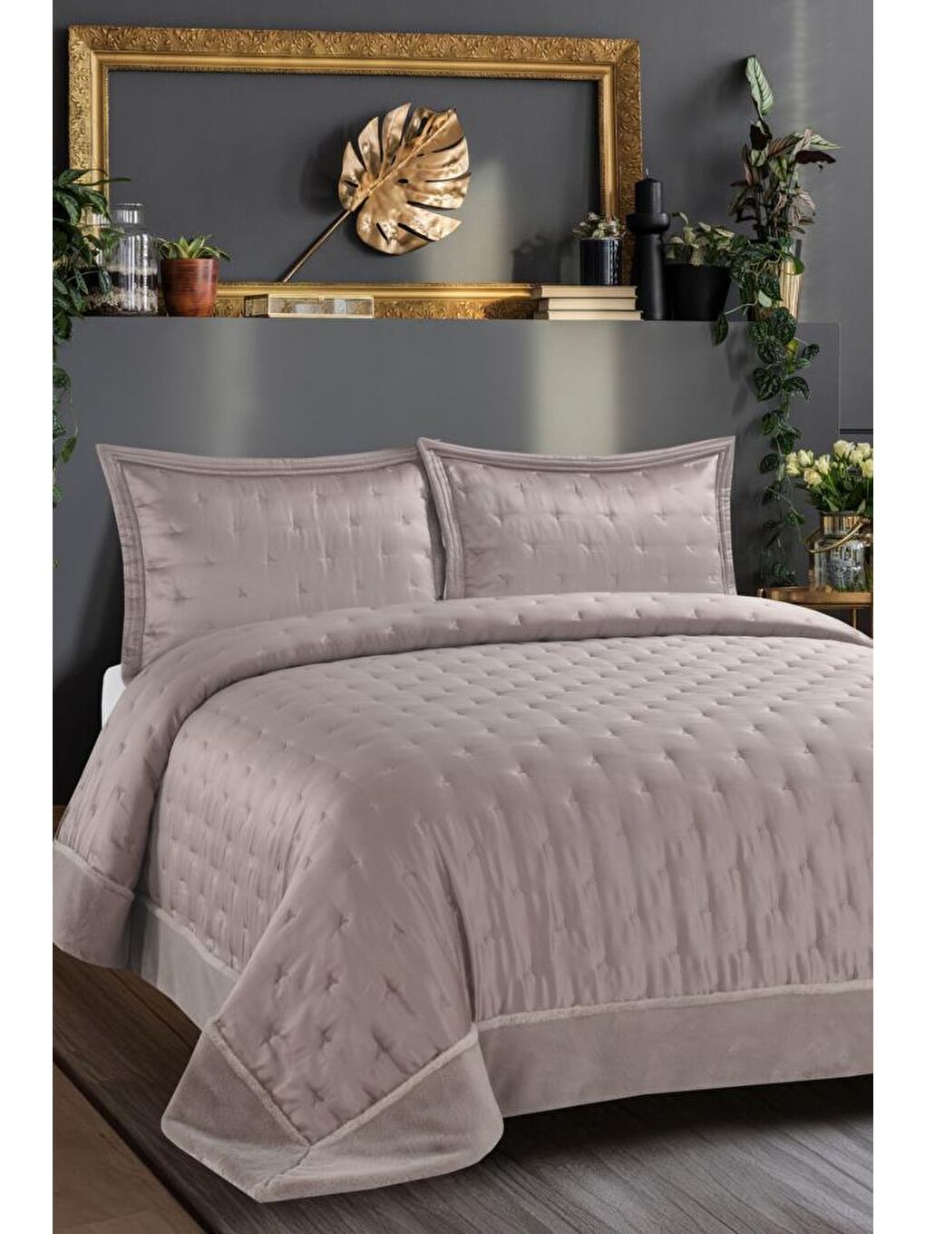 Sepora İpek Saten Çift Kişilik Yatak Örtüsü Bej