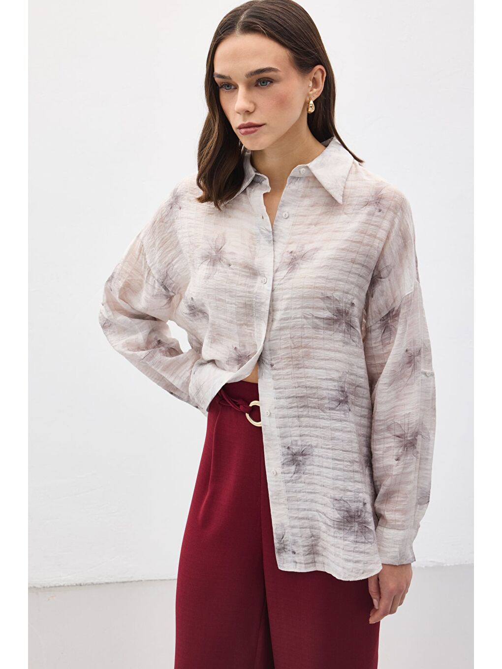 Kolu Katlamalı İnce Gömlek - Gri-2