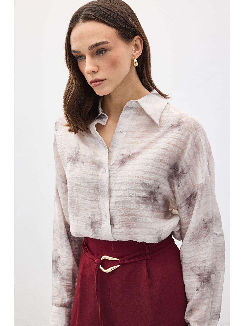 Kolu Katlamalı İnce Gömlek - Gri-3