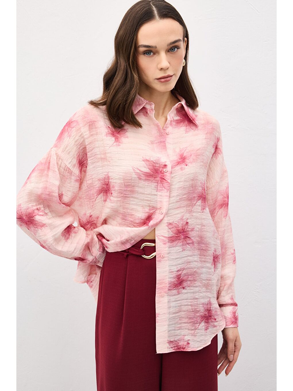 Kolu Katlamalı İnce Gömlek - Pembe-1