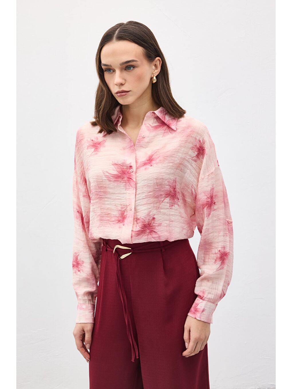 Kolu Katlamalı İnce Gömlek - Pembe-4