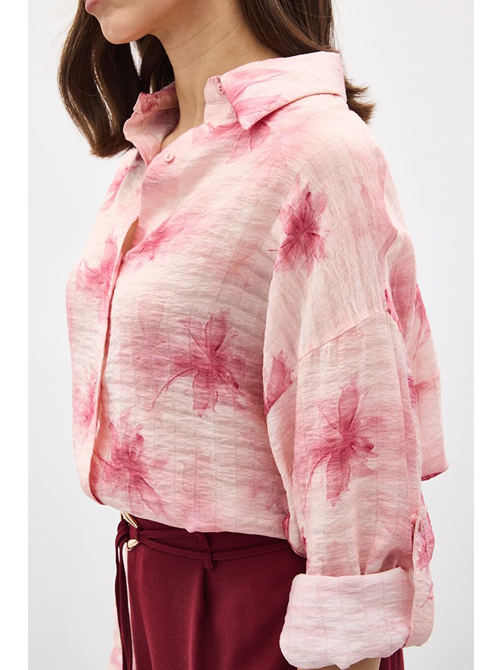 Kolu Katlamalı İnce Gömlek - Pembe-5