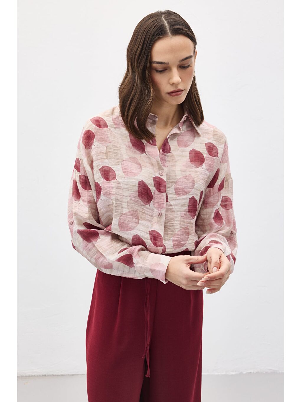 Kolu Katlamalı İnce Gömlek - Mürdüm-2