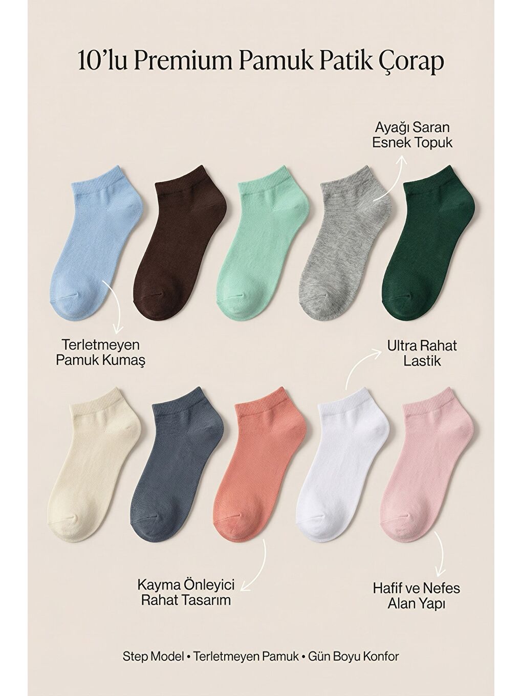 Karışık Kadın 10'Lu Renkli Step Çorap-1
