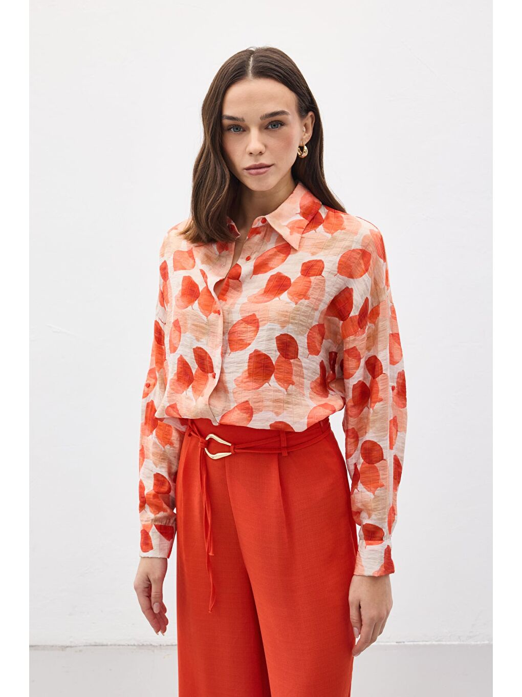 Pembe Kolu Katlamalı İnce Gömlek - Nar Çiçeği-2