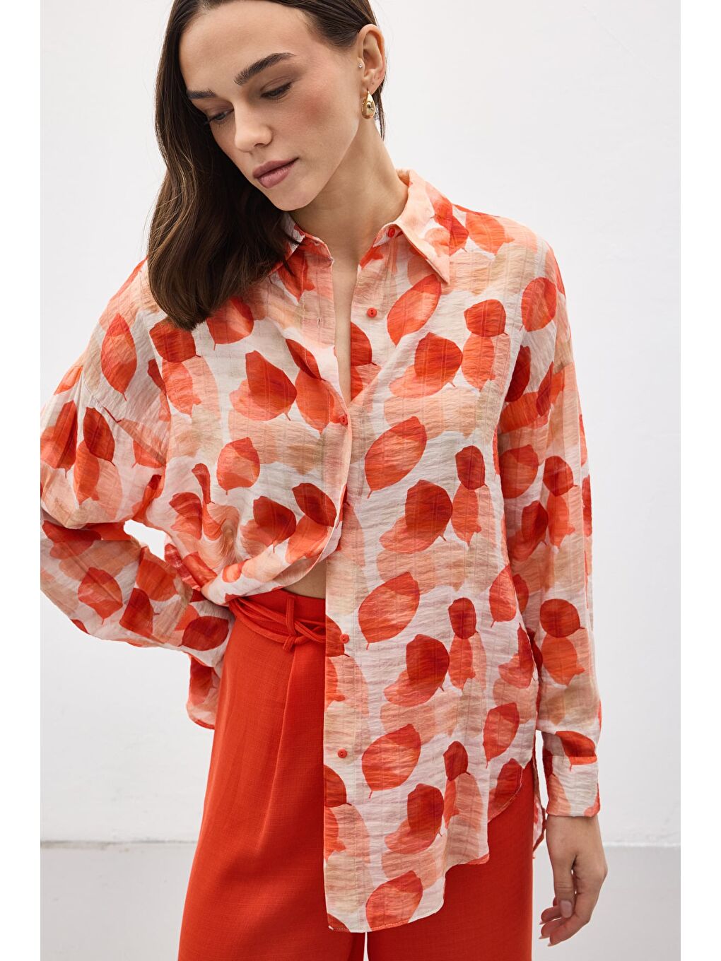 Pembe Kolu Katlamalı İnce Gömlek - Nar Çiçeği-3