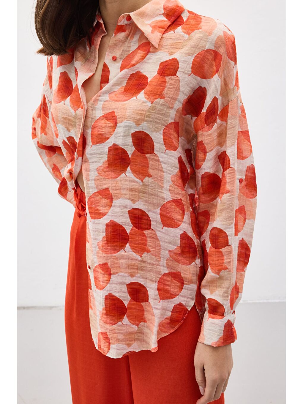 Pembe Kolu Katlamalı İnce Gömlek - Nar Çiçeği-4