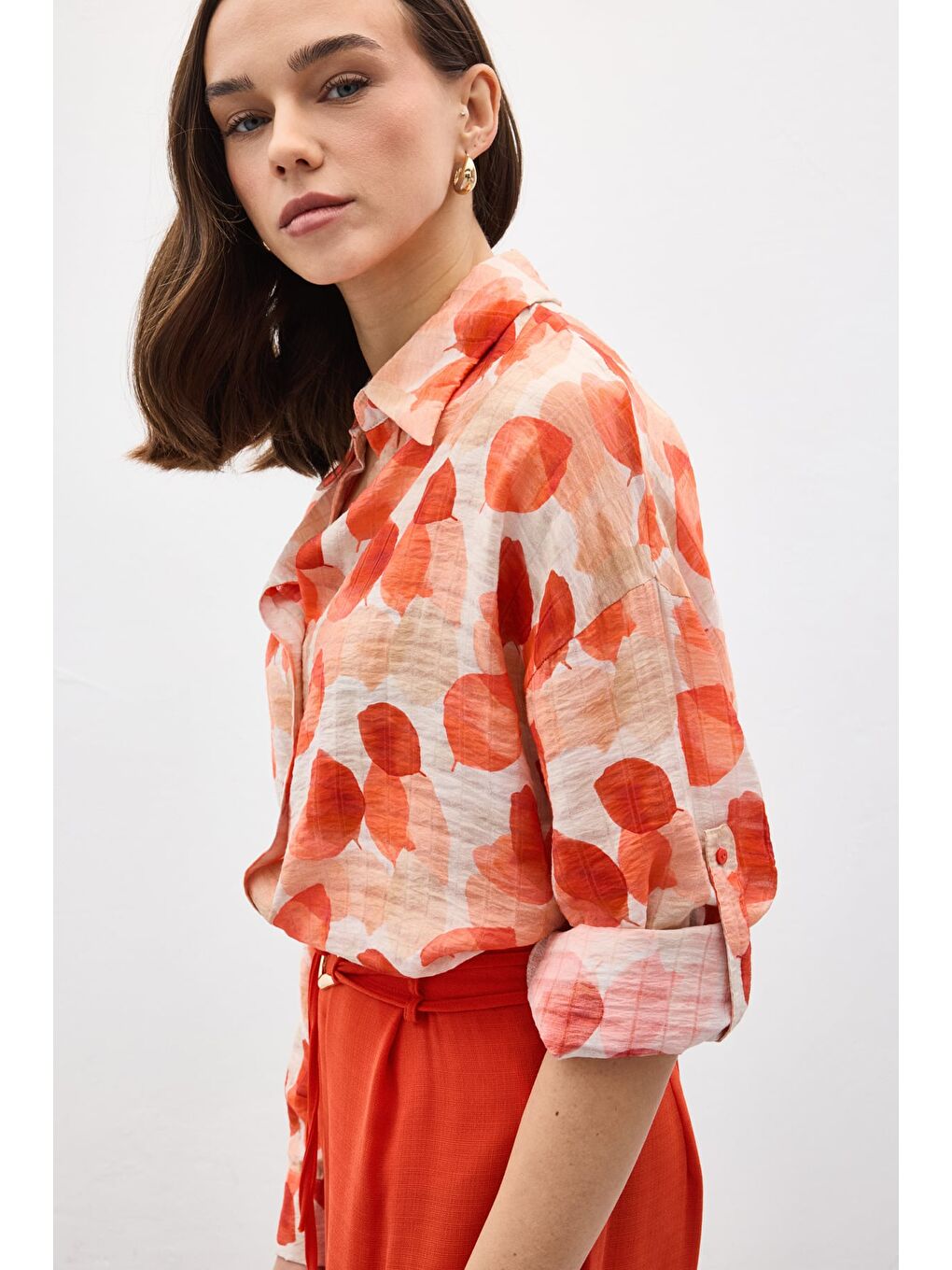 Pembe Kolu Katlamalı İnce Gömlek - Nar Çiçeği-5