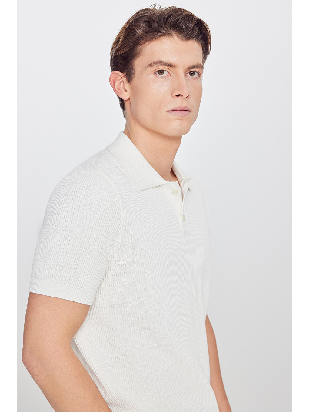 Erkek Ekru %100 Pamuk Standart Fit Polo Yaka Jakarlı Triko Tişört-3