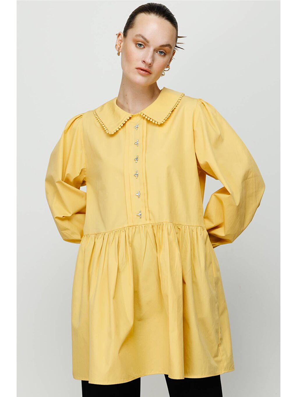 Patı Taş Detaylı Tunik - Sarı-1
