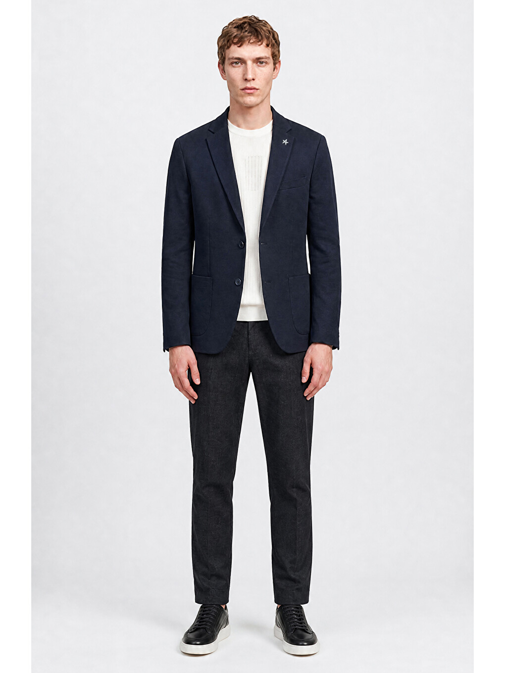 Erkek Lacivert Yünlü Slim Fit Dar Kesim Mono Yaka Torba Cepli Blazer Ceket-1