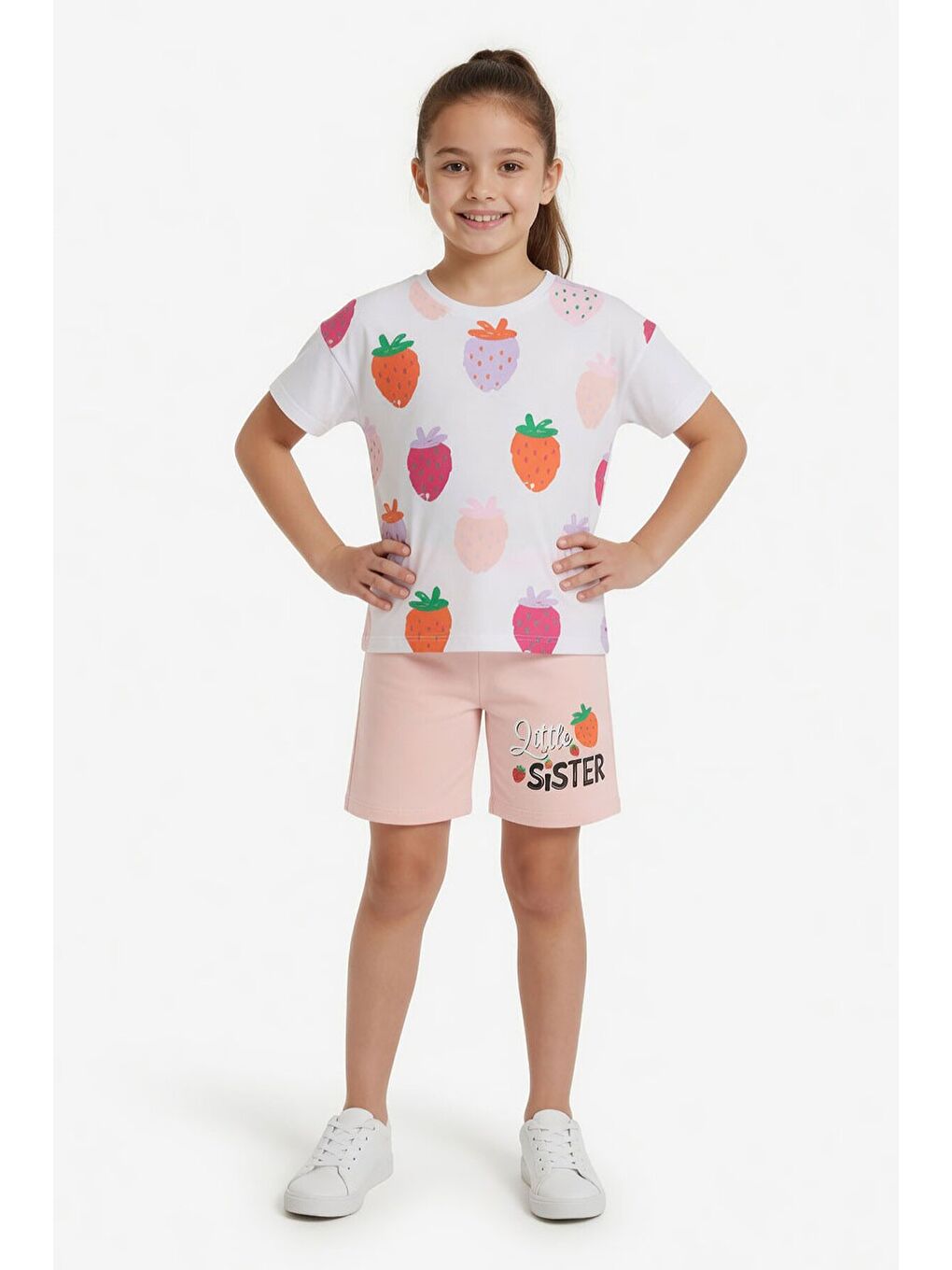Pembe Somon Meyve Desenli Tişörtlü Kız Çocuk Şortlu Yazlık Takım 23963-1