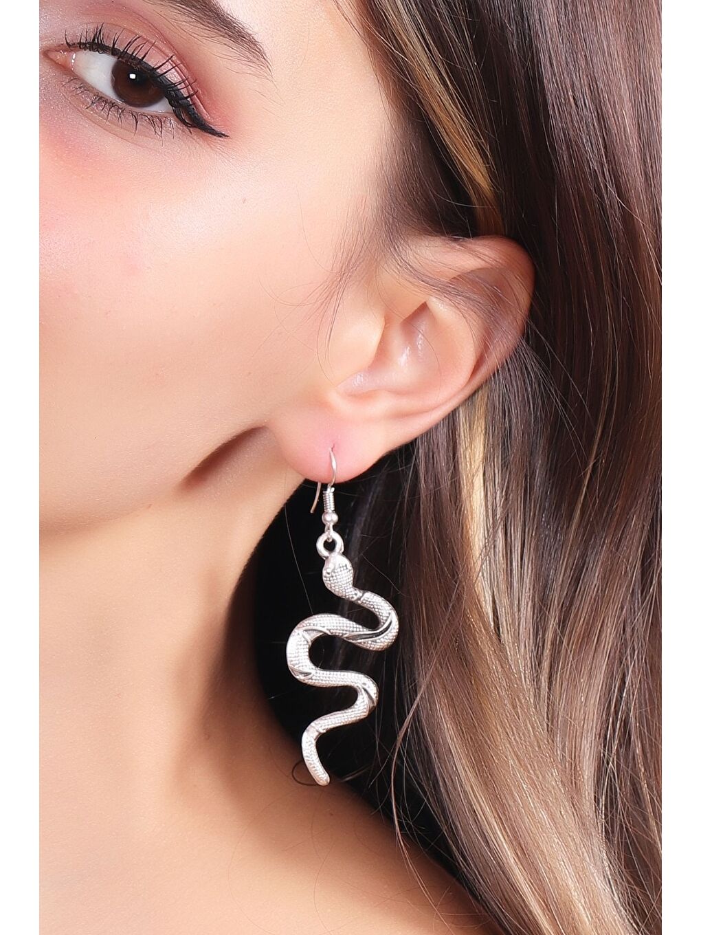 Karışık Kadın Antik Gümüş Kaplama Sallantılı Baskılı Yılan Küpe-4