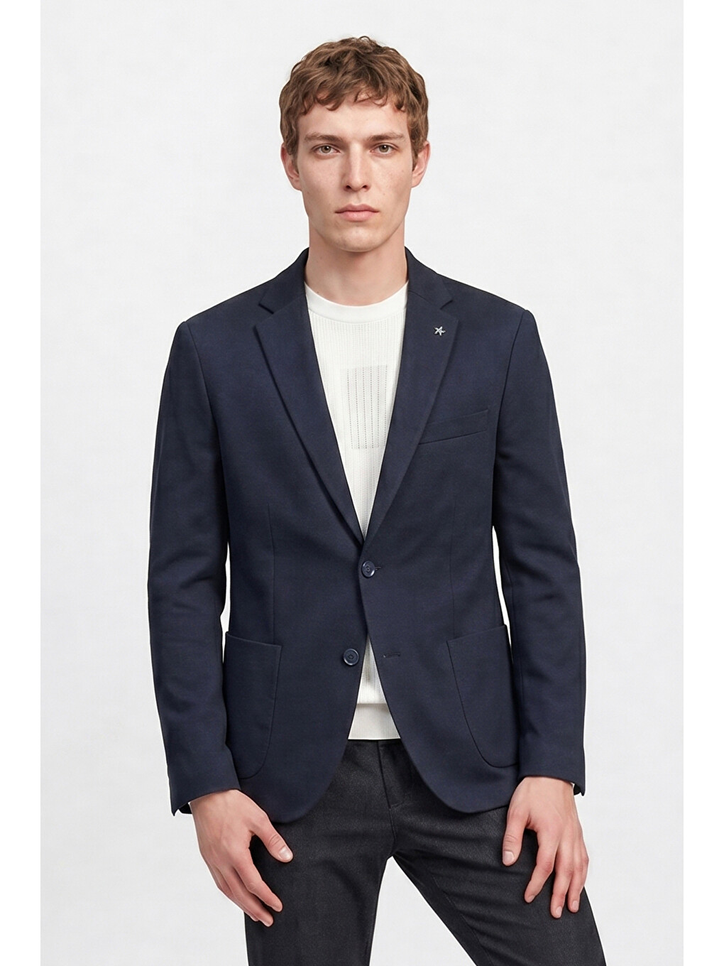Erkek Lacivert Yünlü Slim Fit Dar Kesim Mono Yaka Torba Cepli Blazer Ceket-2
