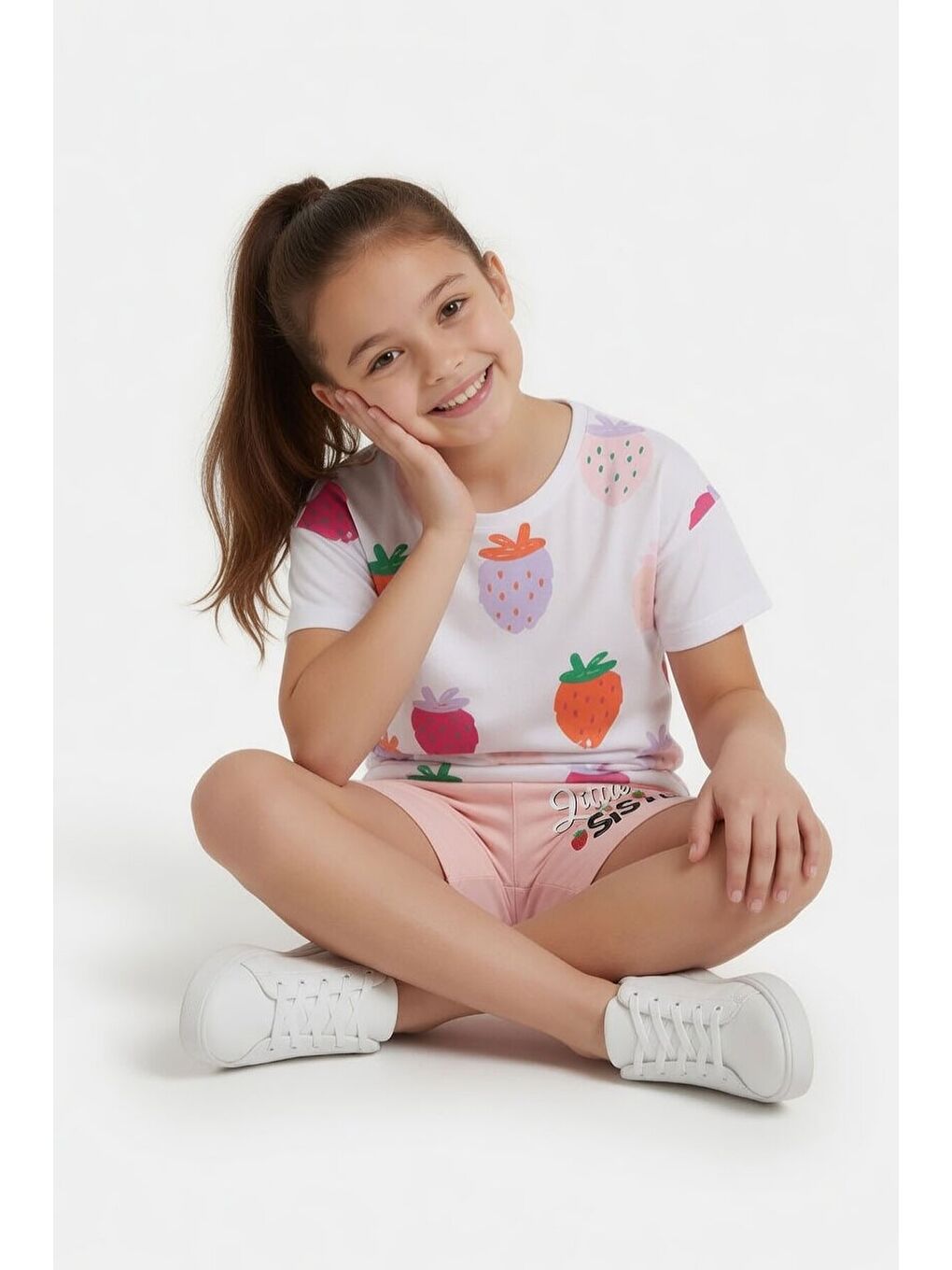 Pembe Somon Meyve Desenli Tişörtlü Kız Çocuk Şortlu Yazlık Takım 23963-3