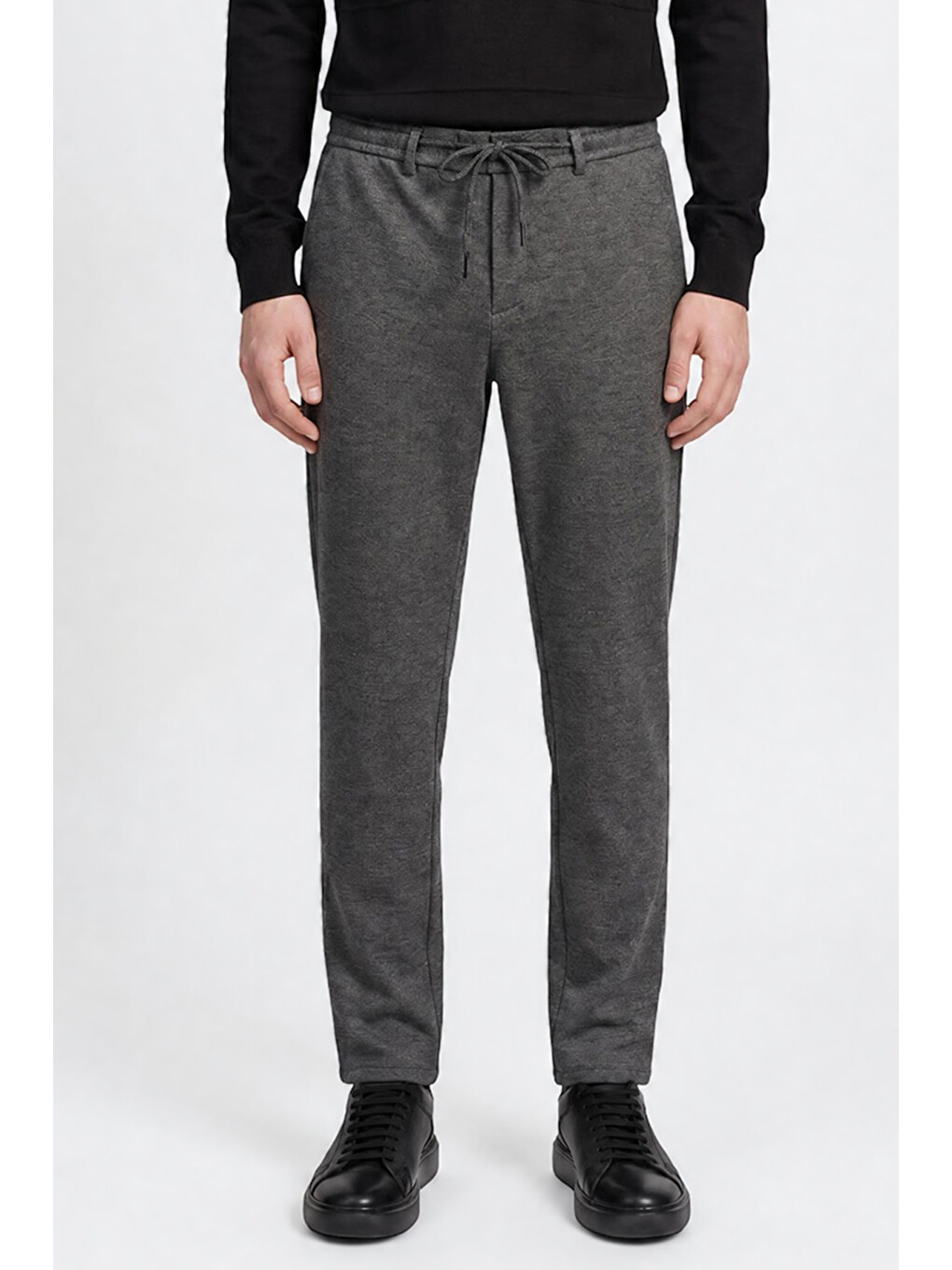 Erkek Antrasit Slim Fit Dar Kesim Beli Bağlamalı Yan Cepli Diagonal Desenli Esnek Casual Pantolon-1