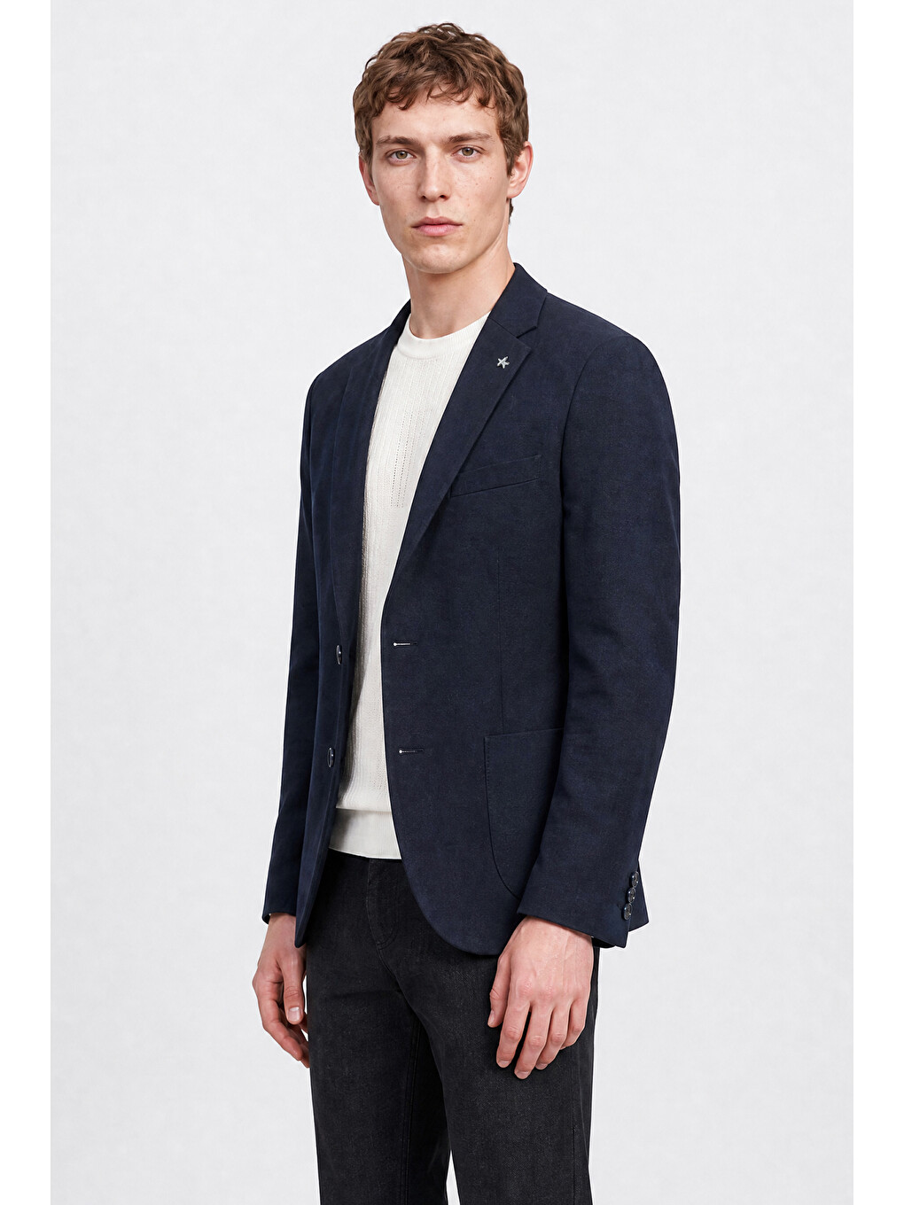 Erkek Lacivert Yünlü Slim Fit Dar Kesim Mono Yaka Torba Cepli Blazer Ceket-3